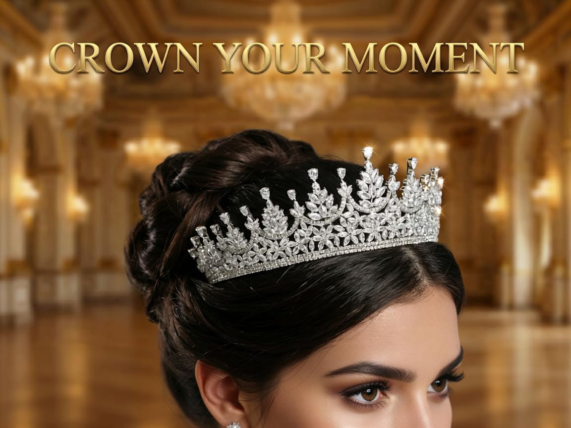QXMYOO Cubic Zirconia Queen Crown for Women Wedding Tiara for Bride Princess Pageant Crown Silver Crystal Headpiece for Quinceanera Birthday Prom Costume