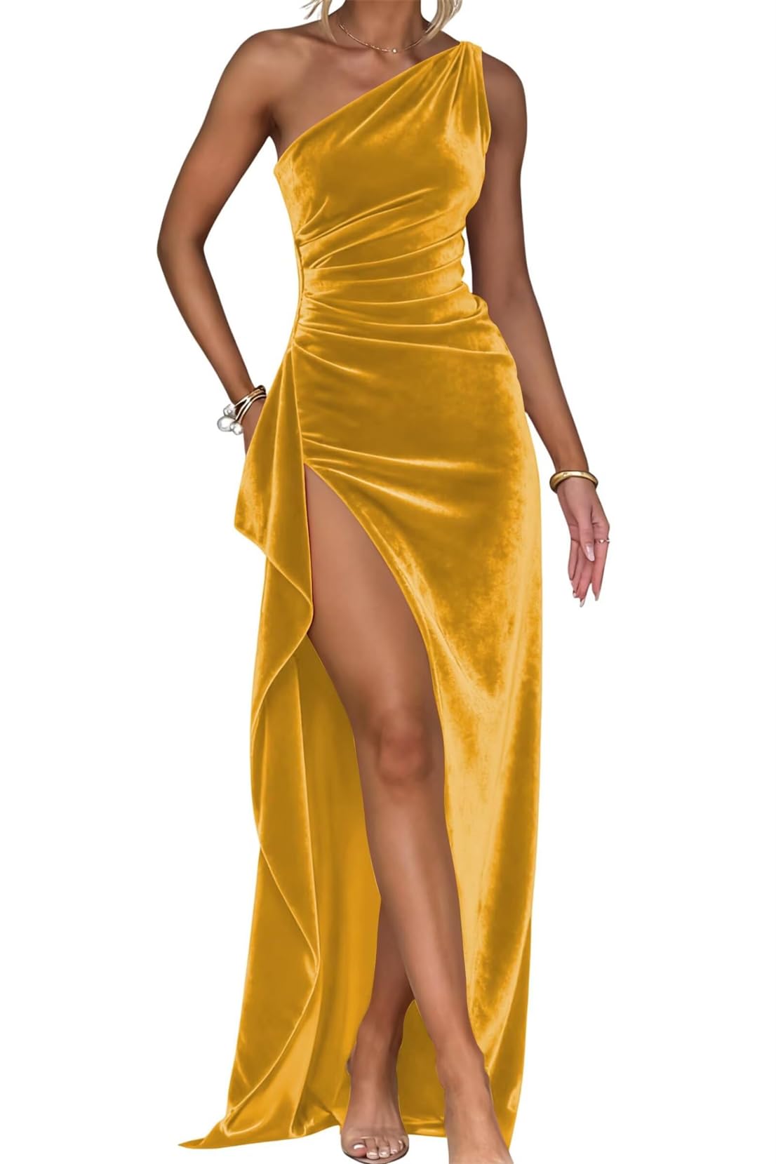 Pleated Velvet Prom Dresses One Shoulder Bridesmaid Dress A Line Wedding Formal Evening Gown with Slit WPX024 Mustard Yellow UK20