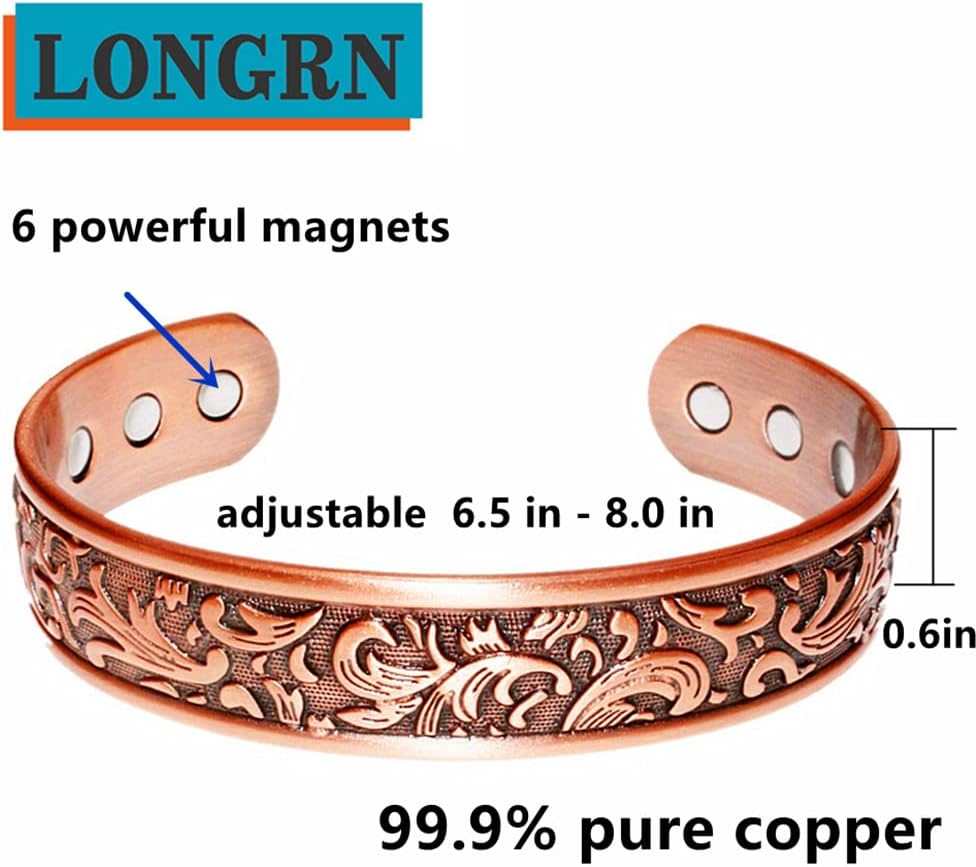 LONGRN-Copper braceletr for men -Ultra Strength Magnetic Bracelets, 99.99% Pure Copper Cuff Bangle with 3500 Gauss Neodymium Magnets, Adjustable, Vintage Collection - Image 2