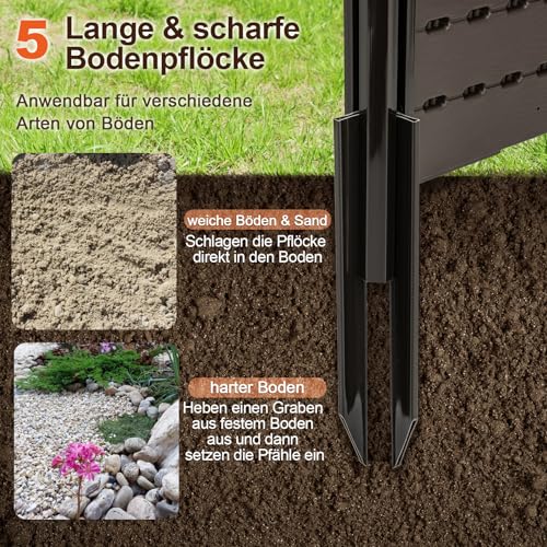 COSTWAY Gartenzaun 2-teilig, Zaun mit Pfosten & Schutzkappen, 115 cm hoch, Sichtschutzzaun aus HDPE, Steckzaun Zaunelementen, Freistehender dekorativer Zaun, Sichtschutz für Garten & Terrasse (Braun)