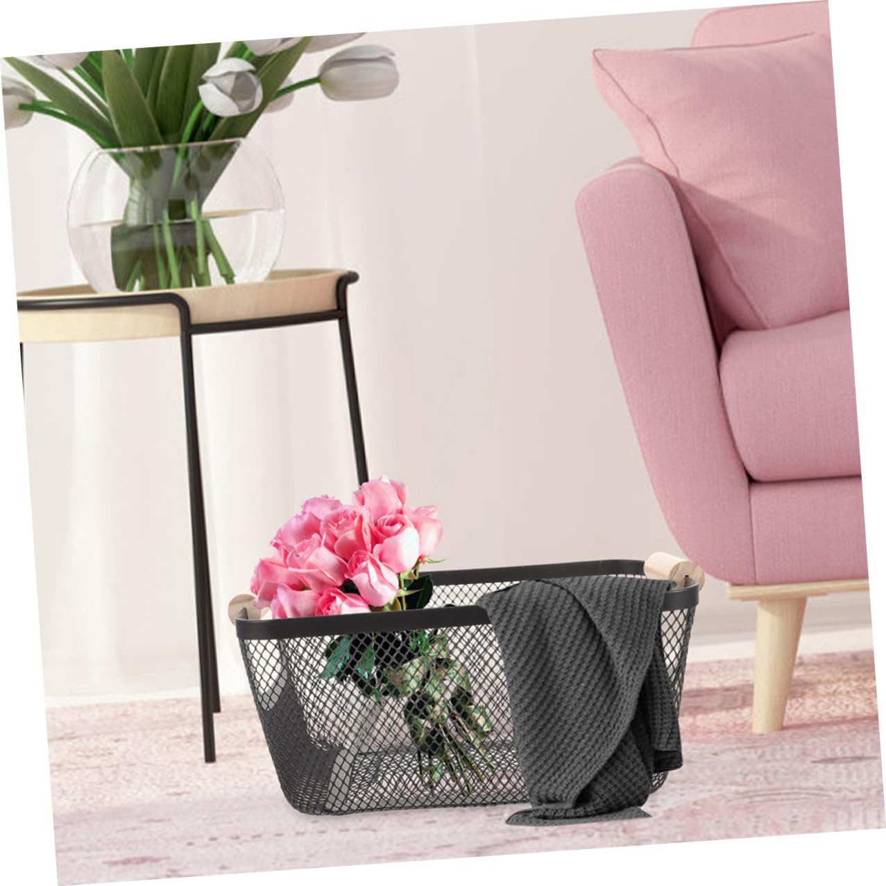 2 Stück Schwarze Metallkörbe Holzgriffen Robuste Drahtkörbe zur Aufbewahrung für Küche Bad Flur Vielseitige Organizer Platzsparend und Langlebig für Gemüse und Haushalt