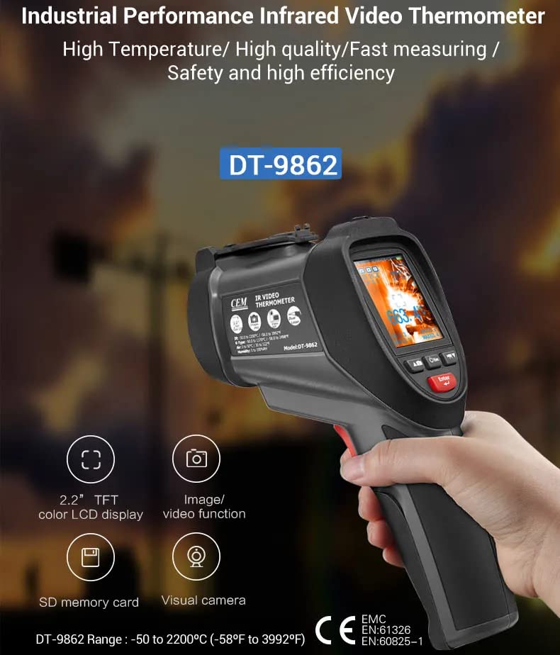 YuqiaoTime Infrared Thermometer Gun CEM DT-9862 Infrared Thermometer Gun -50 to 2200 Celsius Video Thermometers with Color LCD Display -50 to 2200 Celsius