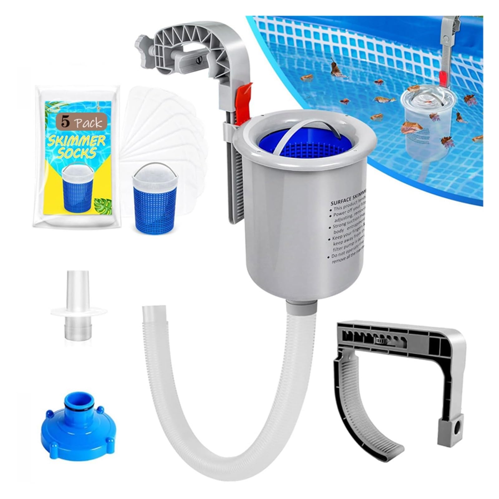 Skimmer for Piscina sobre El Suelo con Calcetines De 10 Uds, Cesta De Superficie Flotante Compatible con Piscinas Inflables(Blue-10 Skimming Bag)