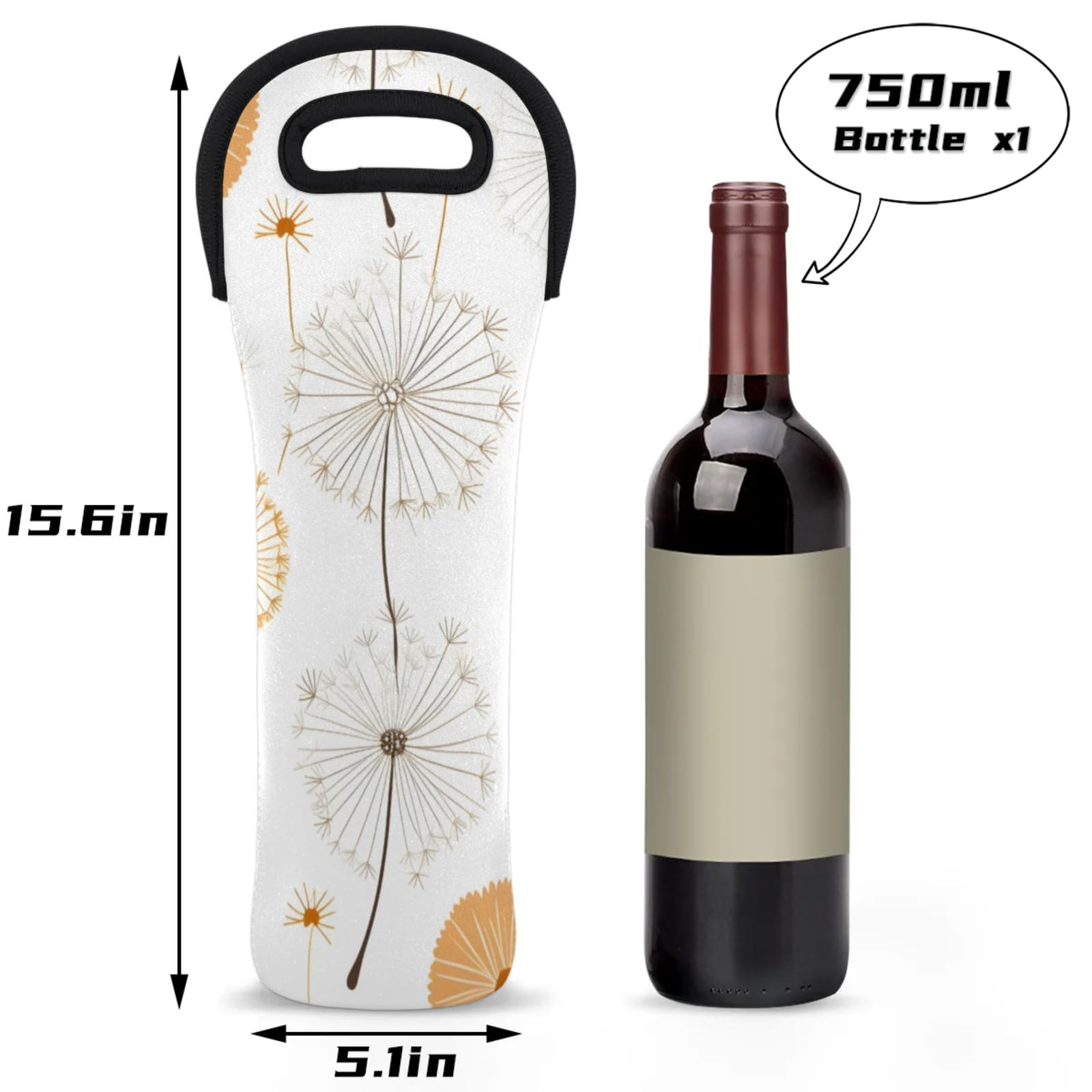 Neoprene Wine Tote Carrier Bag for Wine,Water, Champagne, Beer, Baby Bottles 15.6 x 5.1 Inches, Protective Wine Bag,Dandelion
