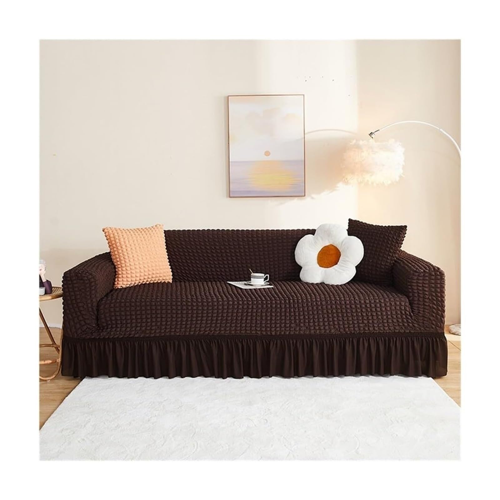 BEIWOSHA Seersucker Sofa Slipcover With Elastic Bottom And Ruffle Skirt, Washable Couch Covers High Stretch Furniture Slipcovers(11,2 seaters(145-185cm))