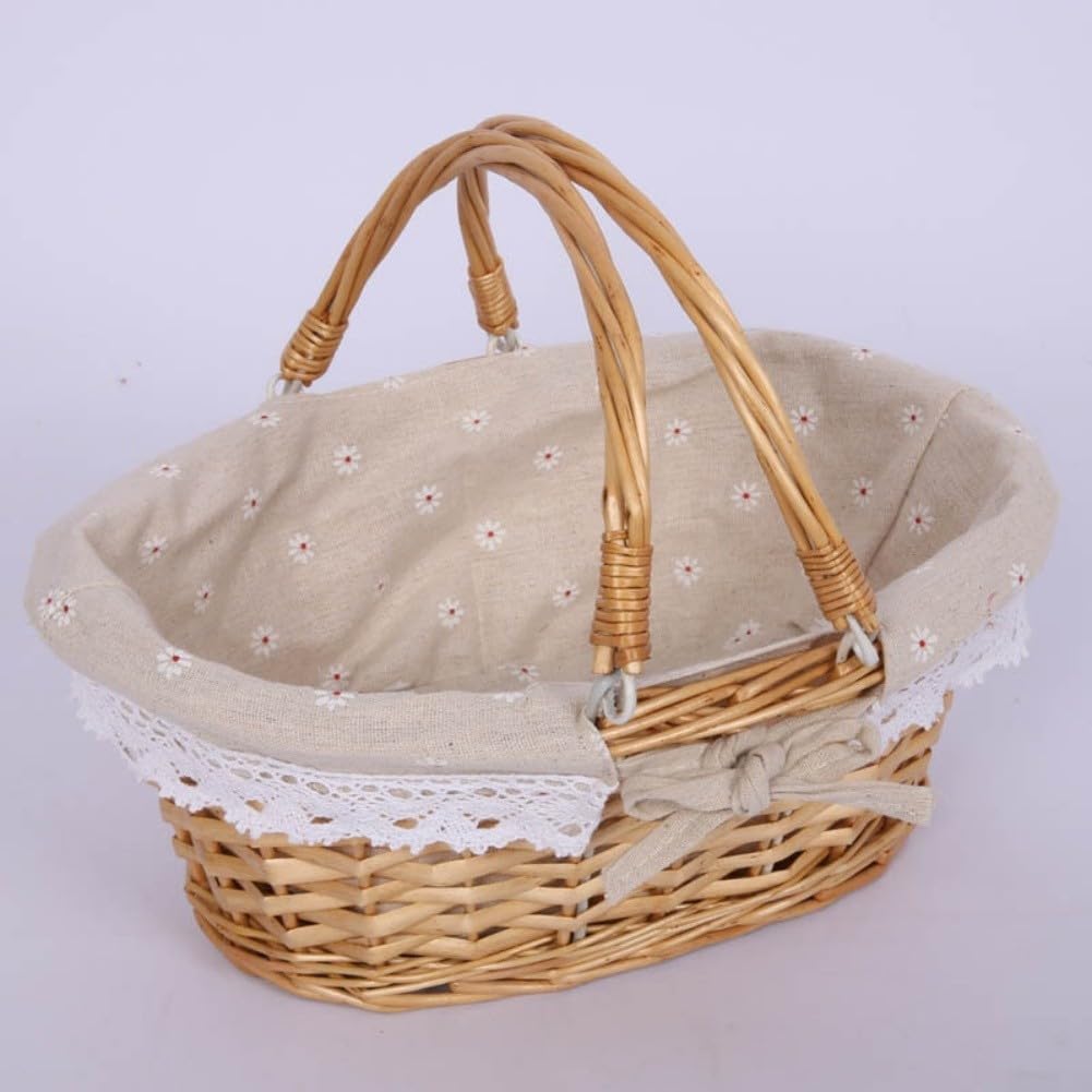 Tejido a mano para cesta de sauce con forro de lino, 32 cm, tejido a mano