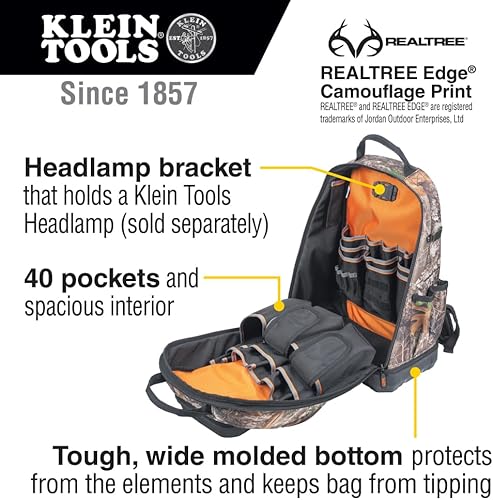 Miniatura 2 de Klein Tools 62800BPCAMO Mochila Bolsa de herramientas, Tradesman Pro Mochila extragrande de 40 bolsillos para sitio de trabajo de camuflaje con