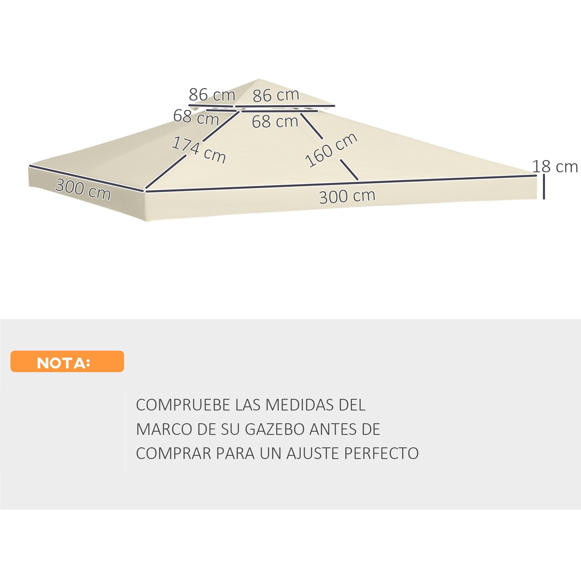 Outsunny Techo de Repuesto para Cenador, 3x3 m, Cubierta de Repuesto con Techo Doble, 8 Orificios de Drenaje y Protección UV, Solo Toldo de Recambio para Pabellón Gazebo, Crema