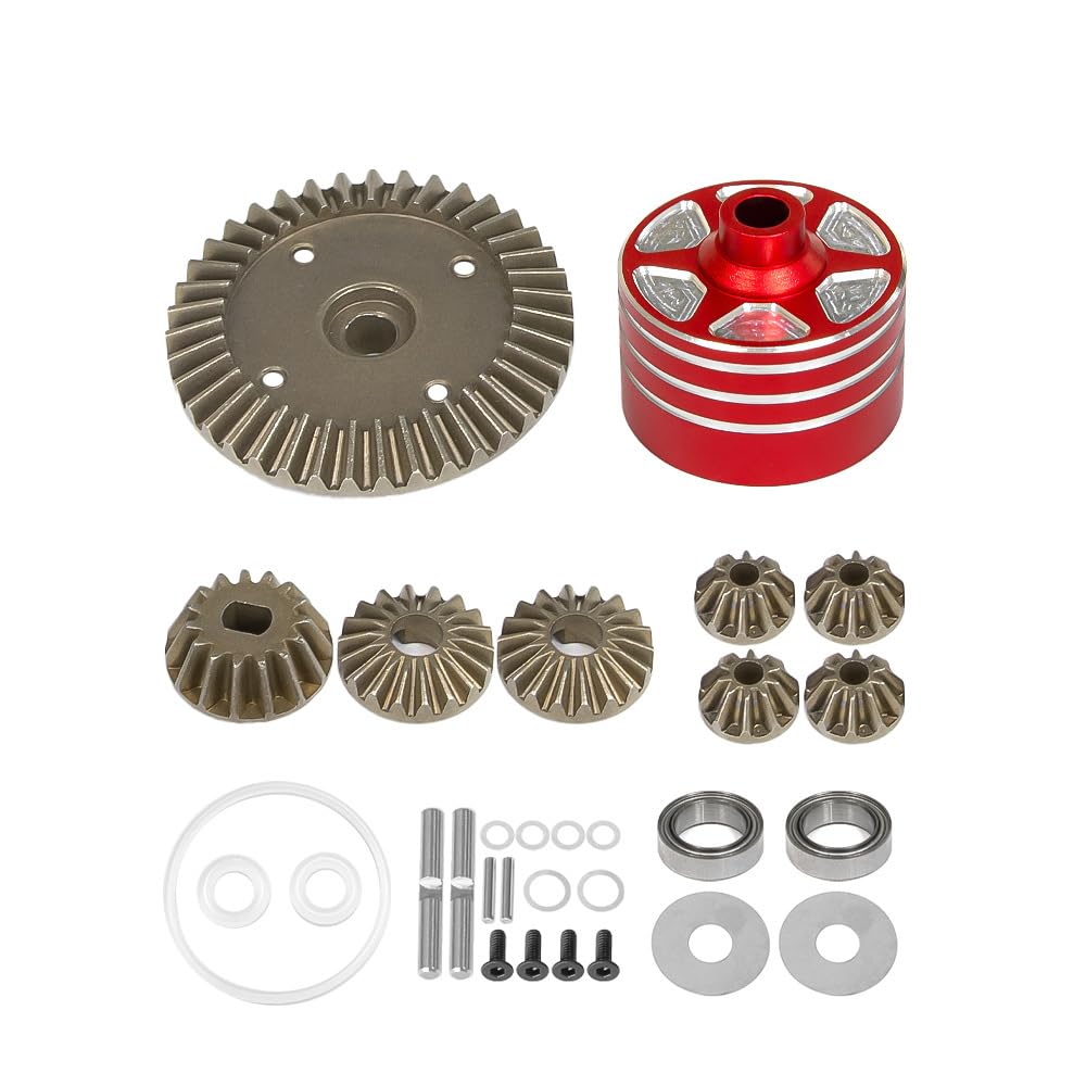 Metal Differential Case and Gear Set Universal for Both Front and Back for Tamiya XV-02/TT-02/MB-01/XM-01/BT-01 1/10 RC Car Upgrade Parts Accessories (1 Set of Gears +red casing)