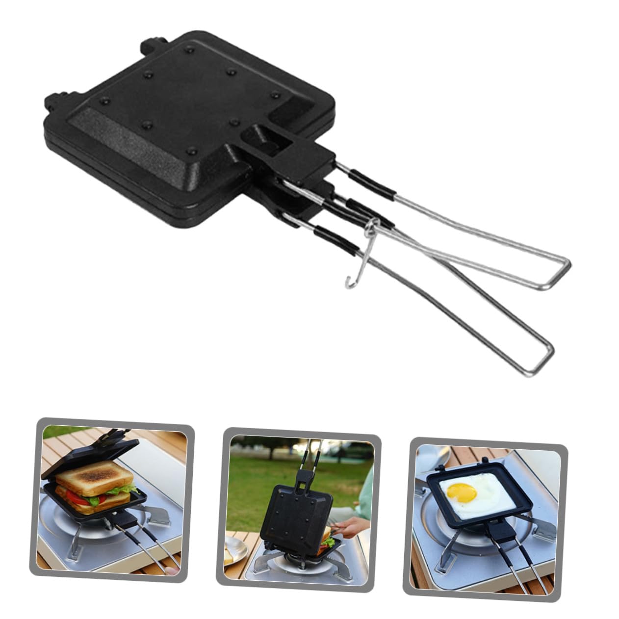 Mobestech Padella per Grigliare Panini Antiaderente a Doppia Faccia in Acciaio Inox Riscaldamento Uniforme per Colazioni e Picnic All’aperto, Utensile da Cucina Portatile e Multifunzione