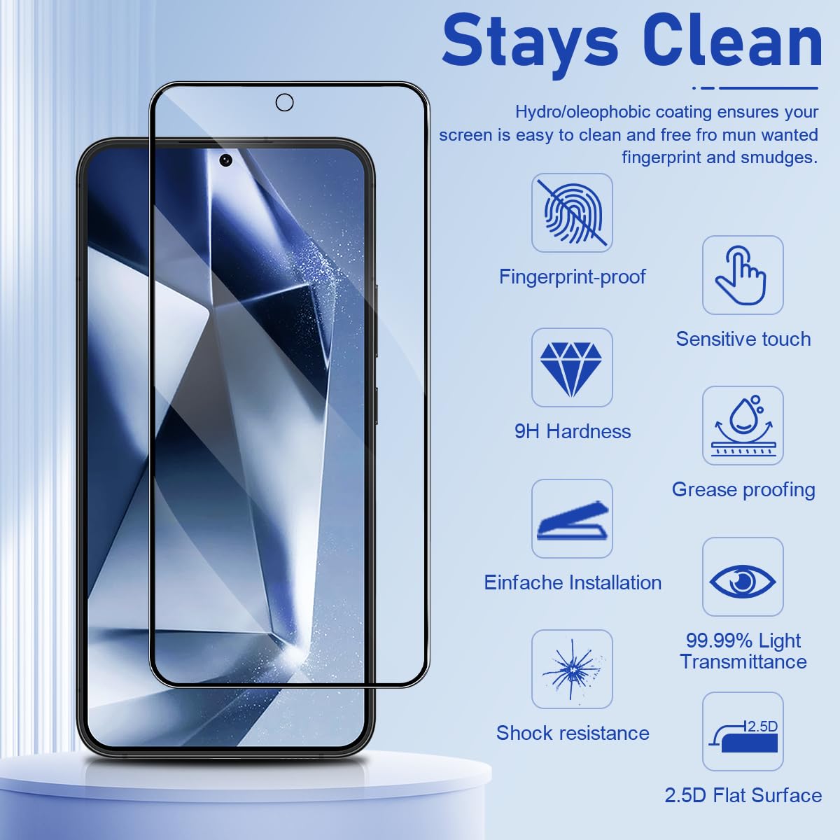 SURFCUZ [3 Pack] Displayschutzfolie für Samsung Galaxy S23/S22 [Gehärtetes Glas] [Japanglas mit 9H Härte] Fingerabdruck-Entsperrung mit Installationsrahmen HD Klar Displayschutzfolie