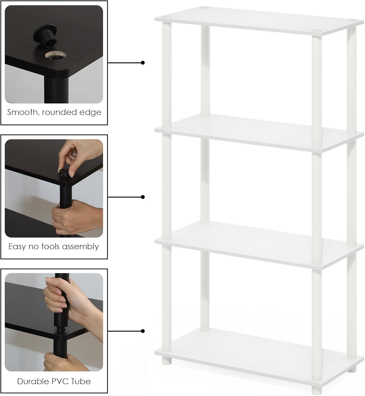 Furinno Turn-N-Tube Storage Shelves, 4-Tier Book Shelf, Corner Shelf, Toolless Open Shelves, for Organization and Storage, Living Room, Bedroom, Entryway, Laundry, Plain White