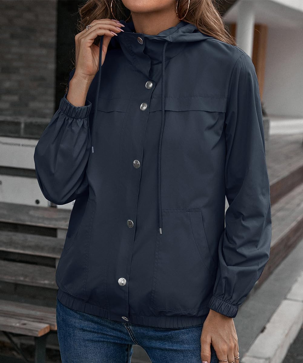 Women's Waterproof Lightweight Rain Jacket Outdoor Packable Hooded Windbreaker with Pockets