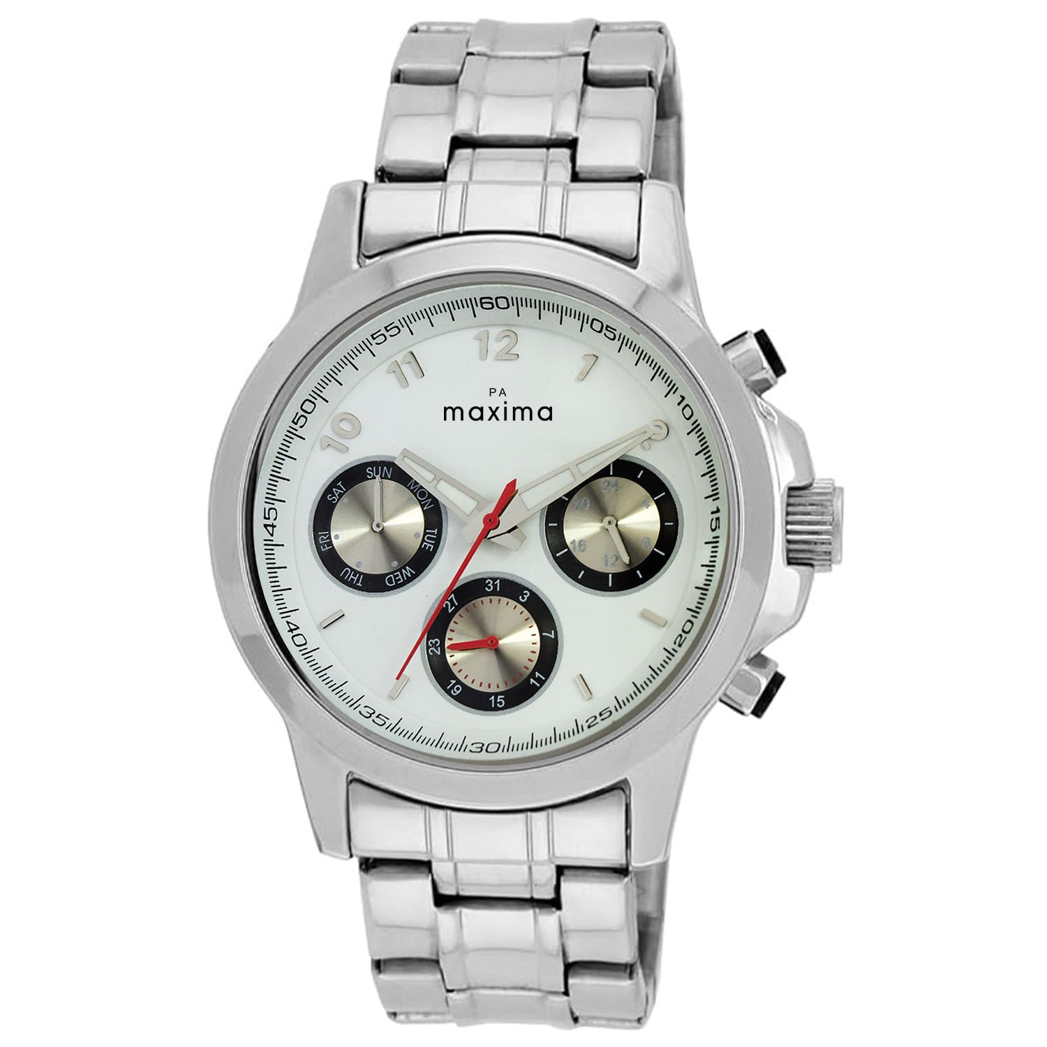 Maxima Brass Attivo Multifunction White Dial Analog Watch for Men -27552Cmgi, Silver Band (B00H6YF4BI) Amazon Price History, Amazon Price Tracker