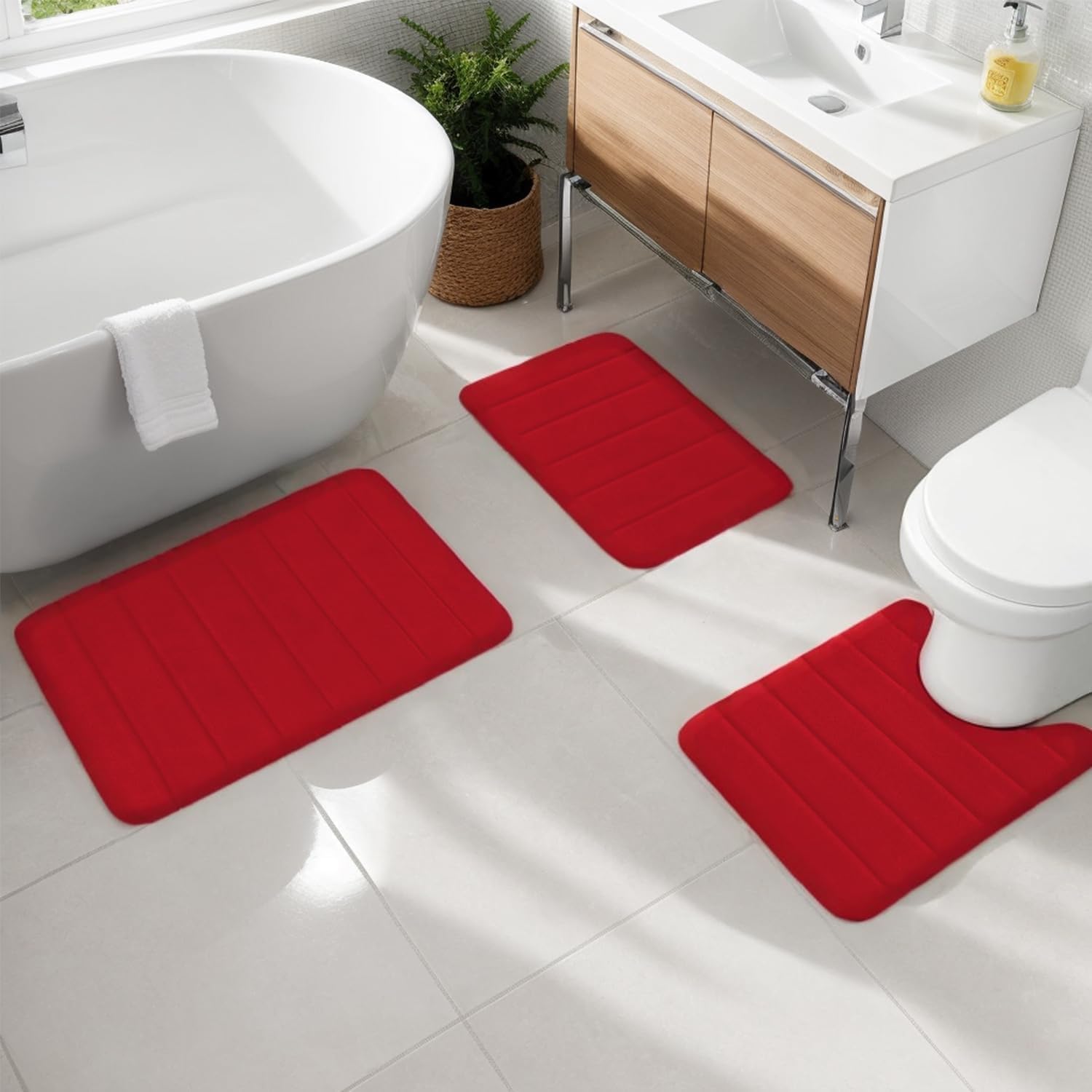 Memory Foam Bathroom Rugs Sets 2 Piece - Super Soft Absorbent Quick Dry Memory Foam Bathroom Rugs, Machine Washable Non Slip Floor Carpet for Tub Shower & Single Sink 17x24 & 20x20,(Red)