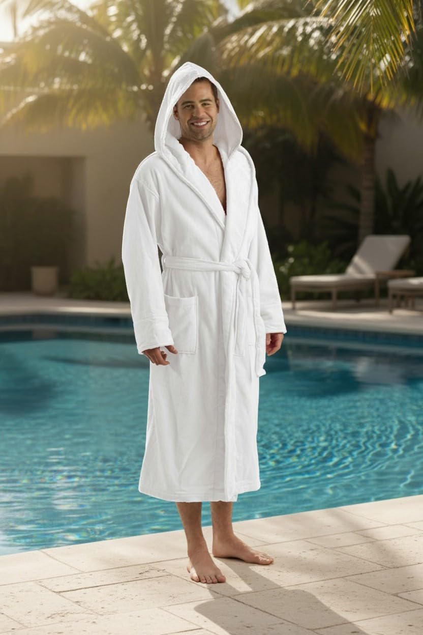 BY LORA Unisex Terry Cotton Hooded Bathrobe – 100% Soft Absorbent Cotton Spa Robe for Men & Women, Shower, Lounge Robe
