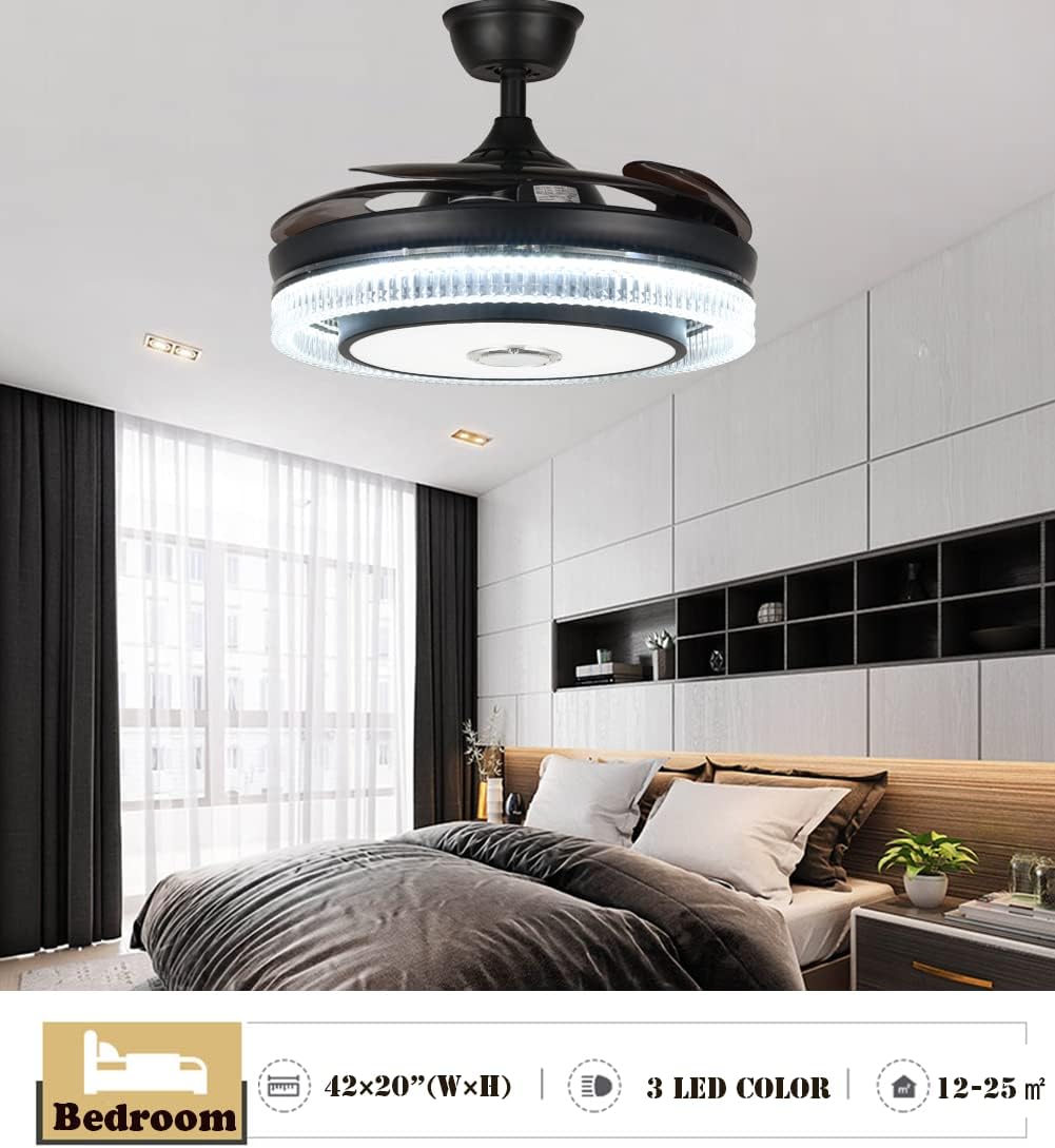 Fandian 42” Smart Ceiling Fan with Lights Bluetooth Speaker Chandelier, Modern Black Fandeliers with APP RGB Dimmable Colors, Reversible 6-Speed Lighting Fixtures for Living Bedroom
