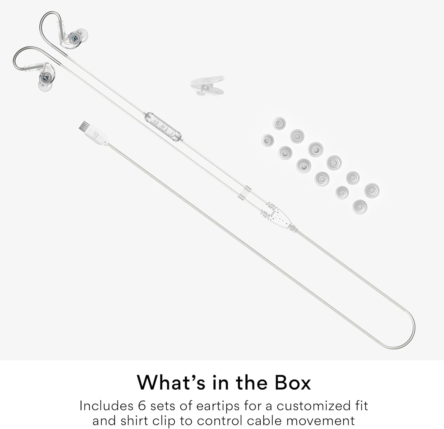 MEE audio M6 Sport USB-C Wired Earbuds with Memory Wire Earhooks, Headset with Mic & 3-Button Remote for iPhone 17 Pro Max, iPad, USB Type C Devices; in Ear Headphones for Running/Gym/Workouts (Clear)