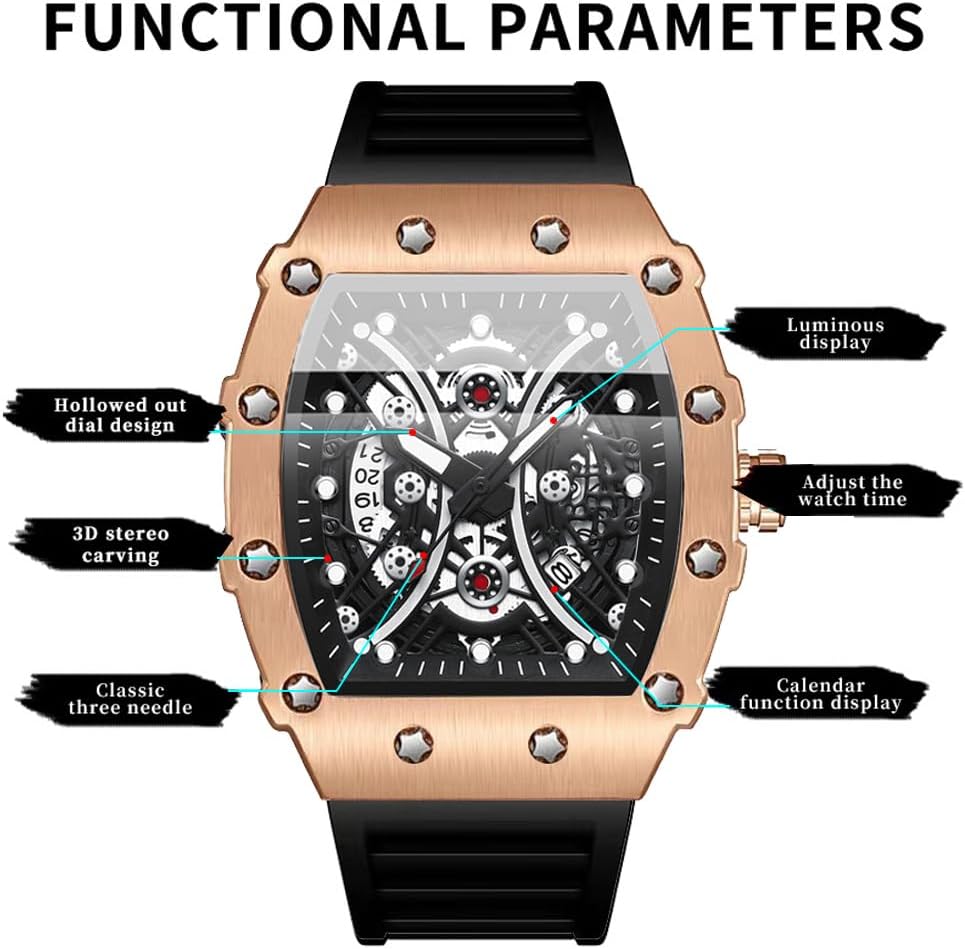 Tiong Men’s Barrel-Shaped Quartz Skeleton Watch-Silicone Strap, Luminous & Waterproof, Sport Luxury Style