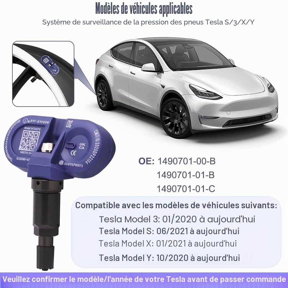 Capteur de Pression des Pneus Bluetooth(BLE) pour Tesla,Capteur TPMS Système Surveillance la Pression des Pneus pour les Modèles Tesla Produits Après Décembre 2020,Capteur Remplacement OEM(4 pc)