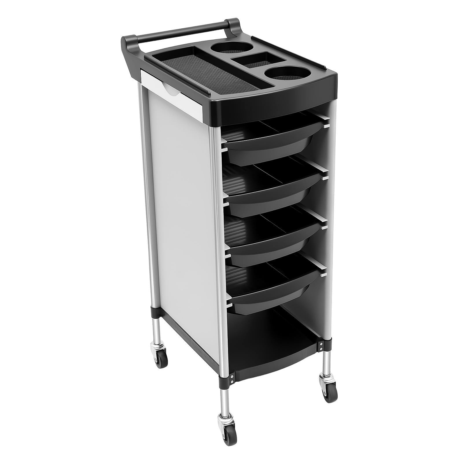 Salonwagen Beauty - Carro con 6 cajones, capacidad de carga de 50 kg, con estantes laterales plegables, carrito de cosméticos móvil con 4 ruedas para peluquería y spa, color negro y blanco