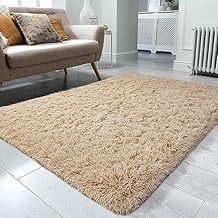 Soft Modern Shag Area Shaggy Fluffy Rectangular Rug and Carpet Plush Comfort & Retro Design for Living Room, Bedroom (Plain Beige,2X6 FEET)