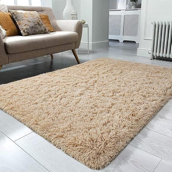 Soft Modern Shag Area Shaggy Fluffy Rectangular Rug and Carpet Plush Comfort & Retro Design for Living Room, Bedroom (Plain Beige,2X6 FEET)-image-16