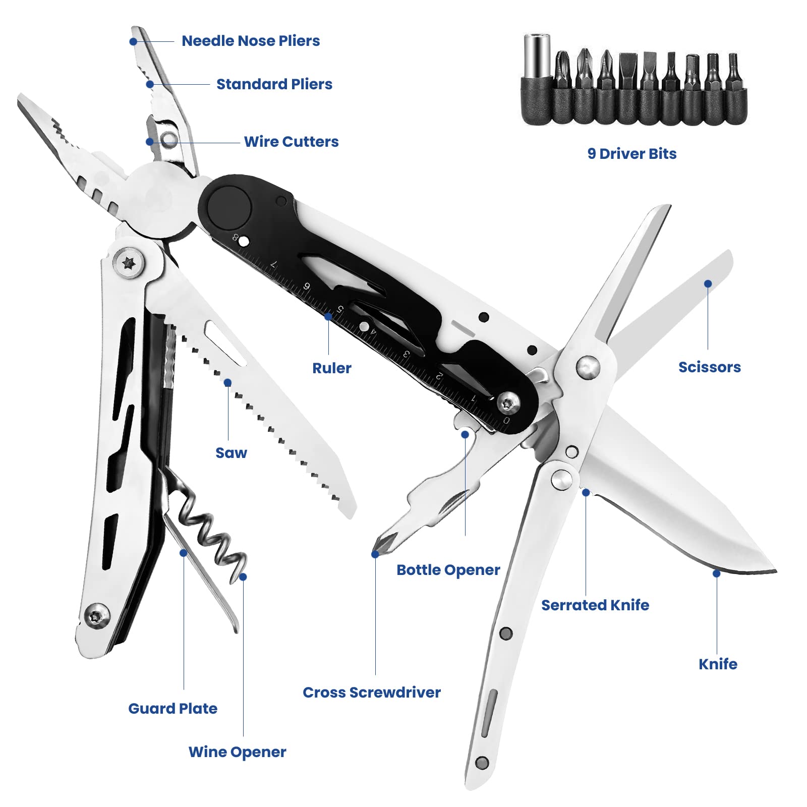 HONZIN Multitool Pliers 12 in 1 Stainless Steel Multi Tool Foldable Pliers with Scissors Screwdriver Kits Bottle Opener - Image 2