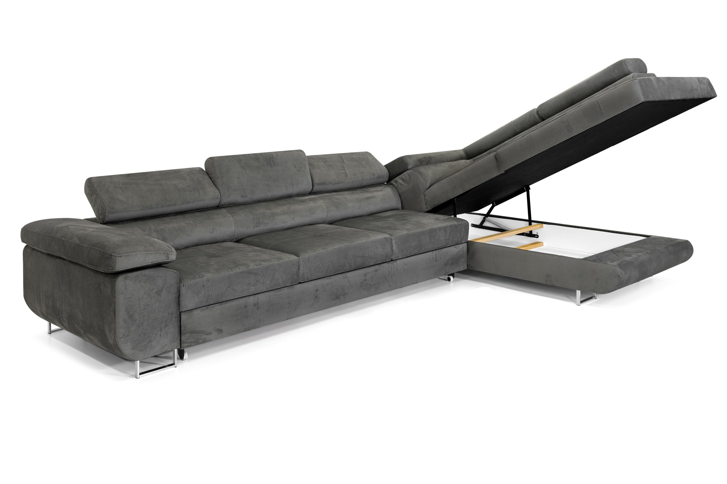 Ecksofa mit Schlaffunktion PASTI XL L-Form, Sofa Couch mit Bettkasten, Couch Eckcouch, Schlafsofa für Wohnzimmer Couch mit Schlaffunktion (Grau, Ottomane Rechts)