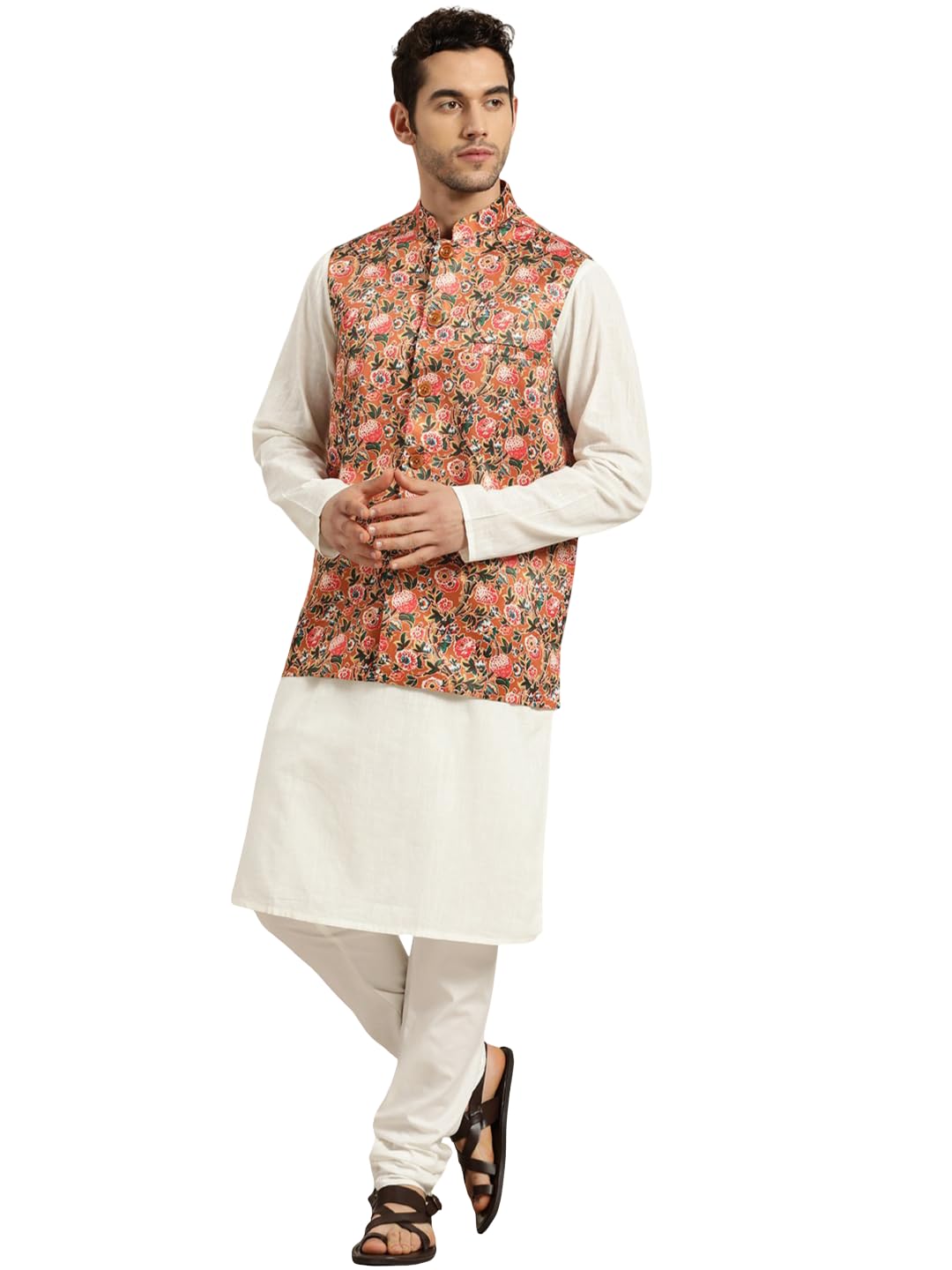 jompers Mustard Satin Floral Printed Nehru Jacket (Mustard, M)-picture-23