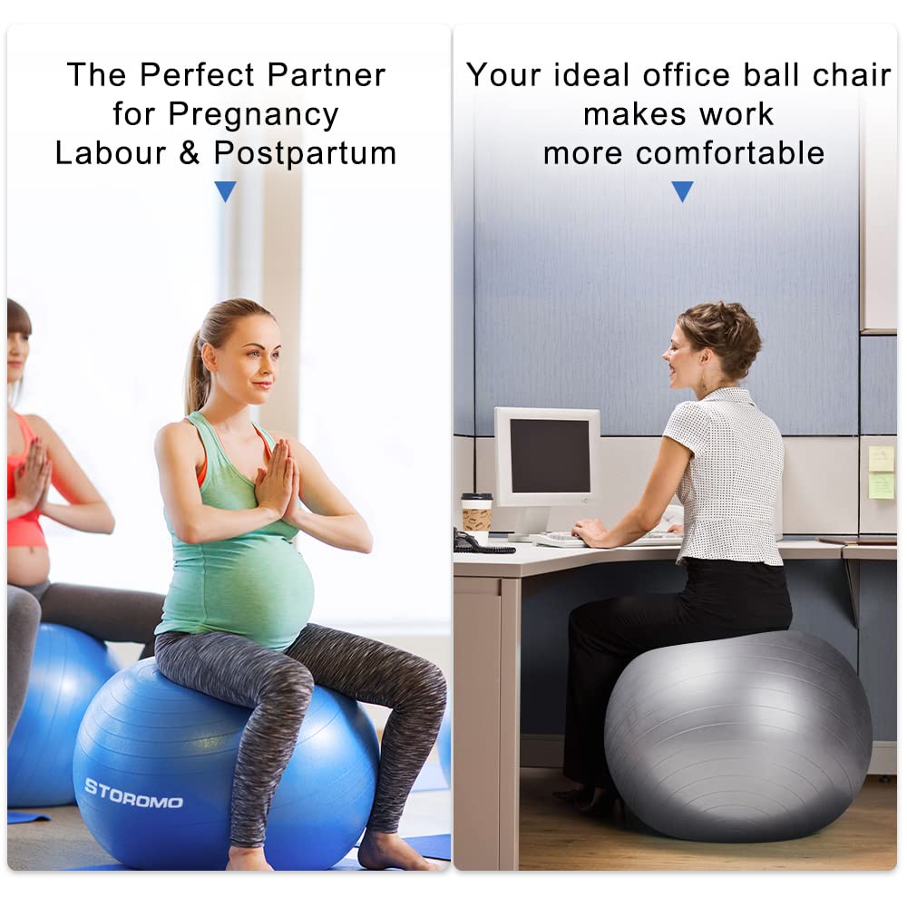 STOROMO Gym Exercise Anti Burst Exercise Ball with Foot Pump for Workout Yoga Ball for Women and Men Swiss for Balance Stability Training, Birthing Ball for Pregnancy, Fitness (65cm) (Blue) 3