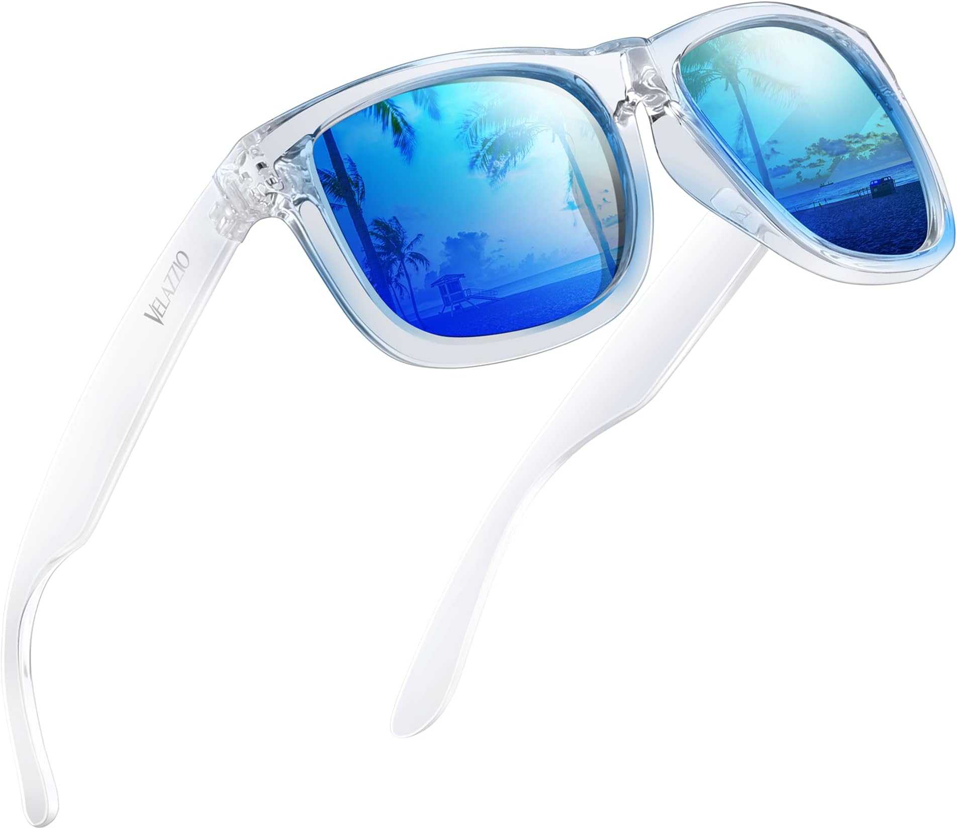 VELAZZIO Polarized Sunglasses for Men Women UV400 Protection Unisex Sunglasses Ultralight Frame for Driving Cycling Skiing, Clear Frame Blue Lens