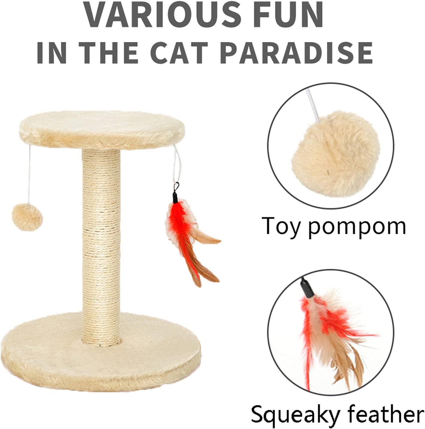 review Cat Scratching Post Cat Tree with Natural Sisal Scratch Posts Platform Cat Activity Tower Furniture with Hanging Ball and Squeaky Feather Toys Cat Tree Tower for Kitten Small Cats (Beige)