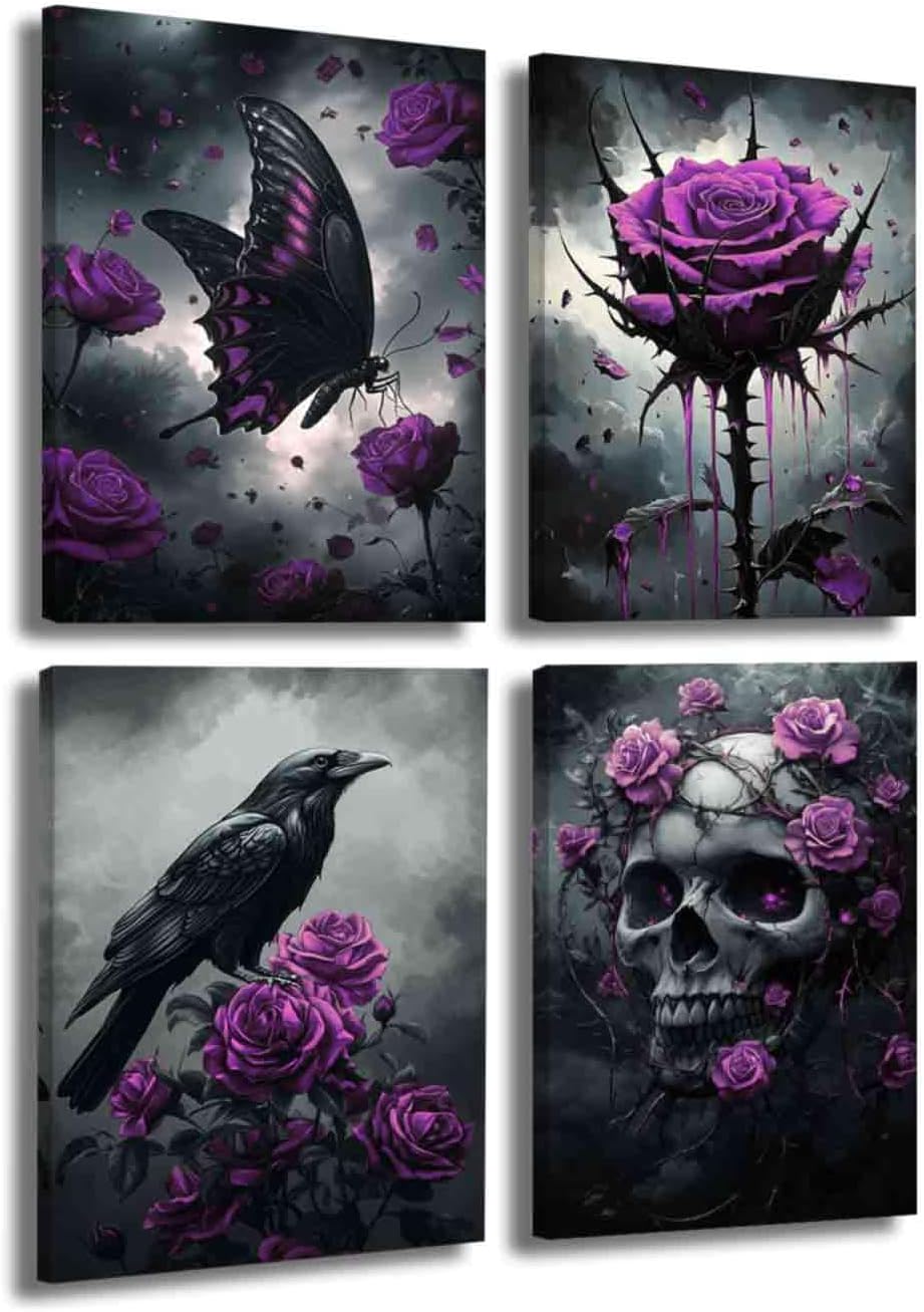 LZIMU 4Pcs Gothic Wall Art Romantic Rose Picture Raven Crow Butterfly Skull Canvas Print Dark Goth Horror Aesthetic Poster Black White Painting Halloween Home Decor (Blue, (8x12inx4 Pieces))