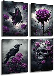 LZIMU 4Pcs Gothic Wall Art Romantic Rose Picture Raven Crow Butterfly Skull Canvas Print Dark Goth Horror Aesthetic Poster Black White Painting Halloween Home Decor (Purple, (20x30cmx4 Pieces))