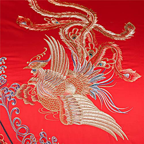 Esydream Luxury Double Happiness Dragon And Phoenix Bird Embroidery Chinese Wedding Red Bedding Set King Queen Size 100% Cotton Embroider Red Wedding Duvet Bedlinen Sets（Color 1 King,10Pc/Set #TOP4