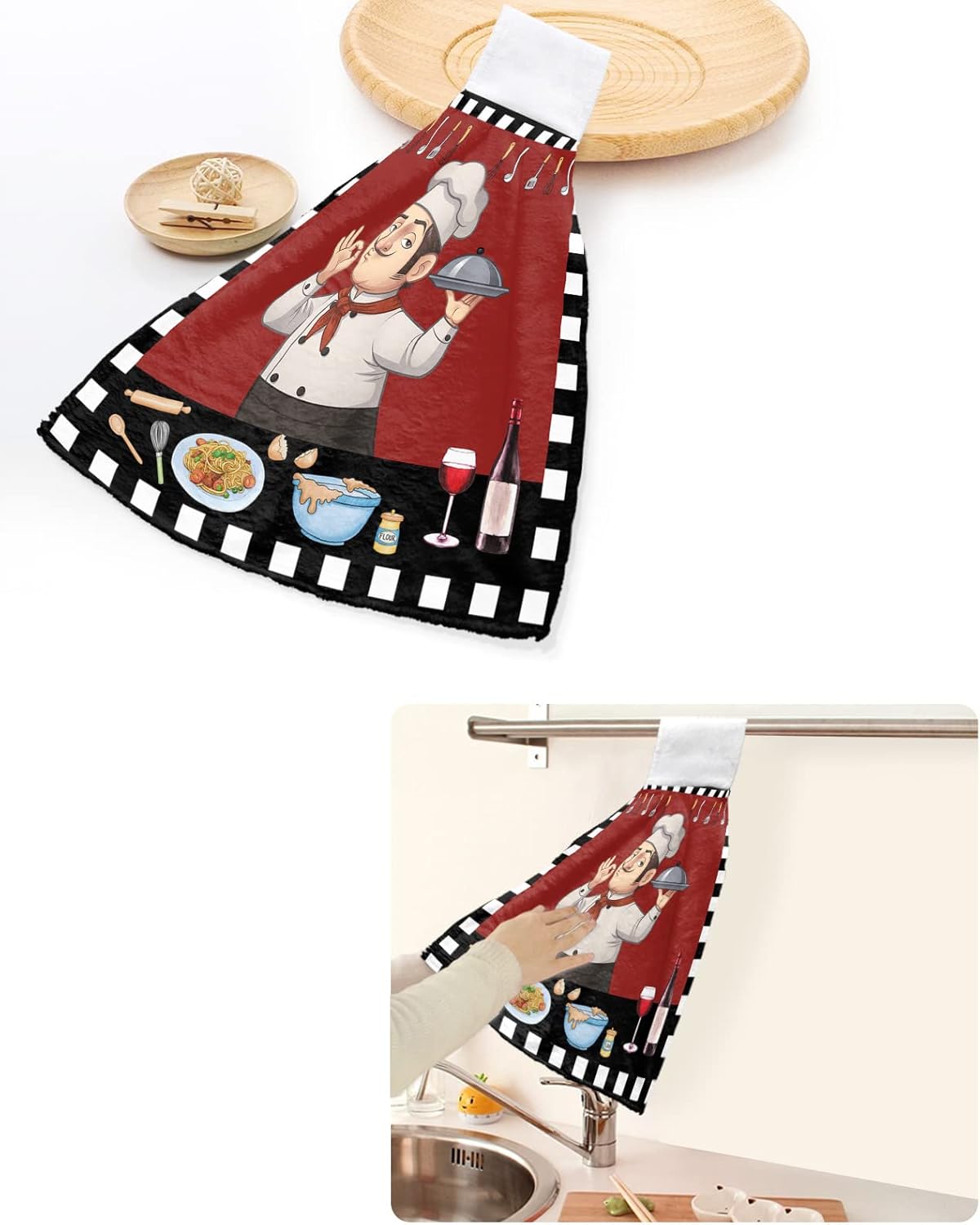 Chucoco Cartoon Chef Gourmet Knife Fork Red Kitchen Hanging Towel, Set of 2 Absorbent Soft Hand Tie Towel Black White Buffalo Check Durable Tea Bar Dish Towels for Bathroom Laundry Room Decor