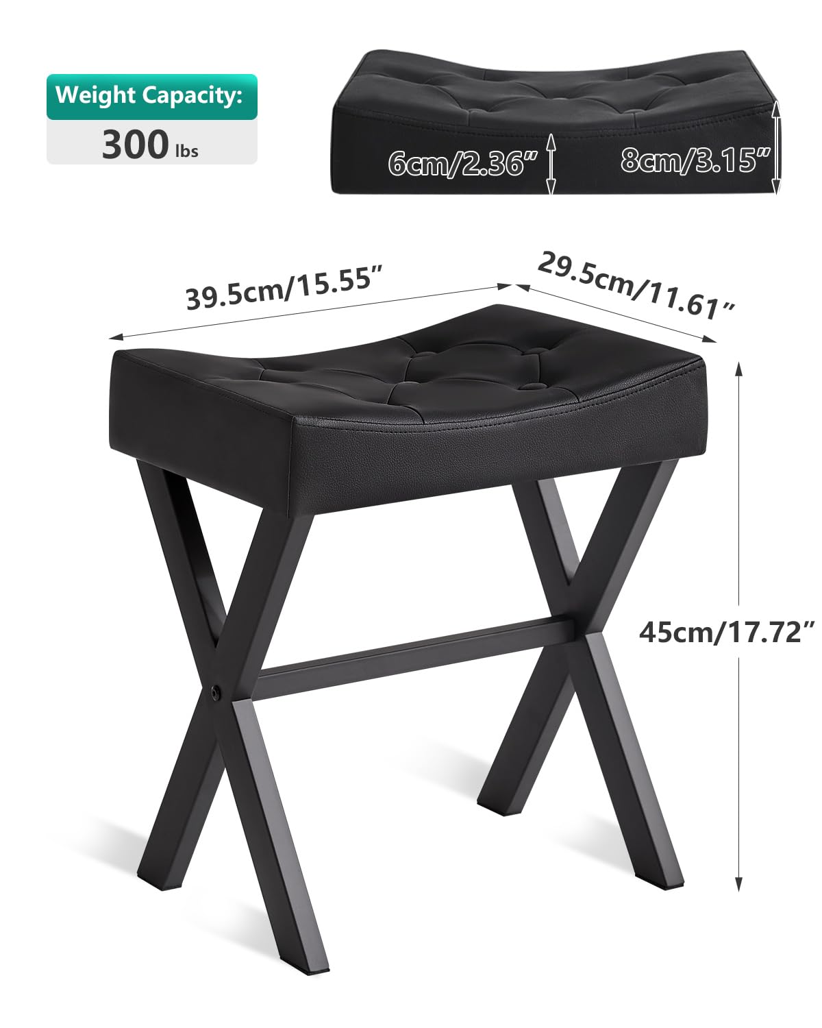 IBUYKE U-förmiger PU Eitelkeitshocker, quadratischer Make-up Hocker mit X-Bein, Ottoman Sitz Fußstütze Hocker, Multi-Use als Kleiner Beistelltisch, für Schlafzimmer, Wohnzimmer, Schwarz WBD019B