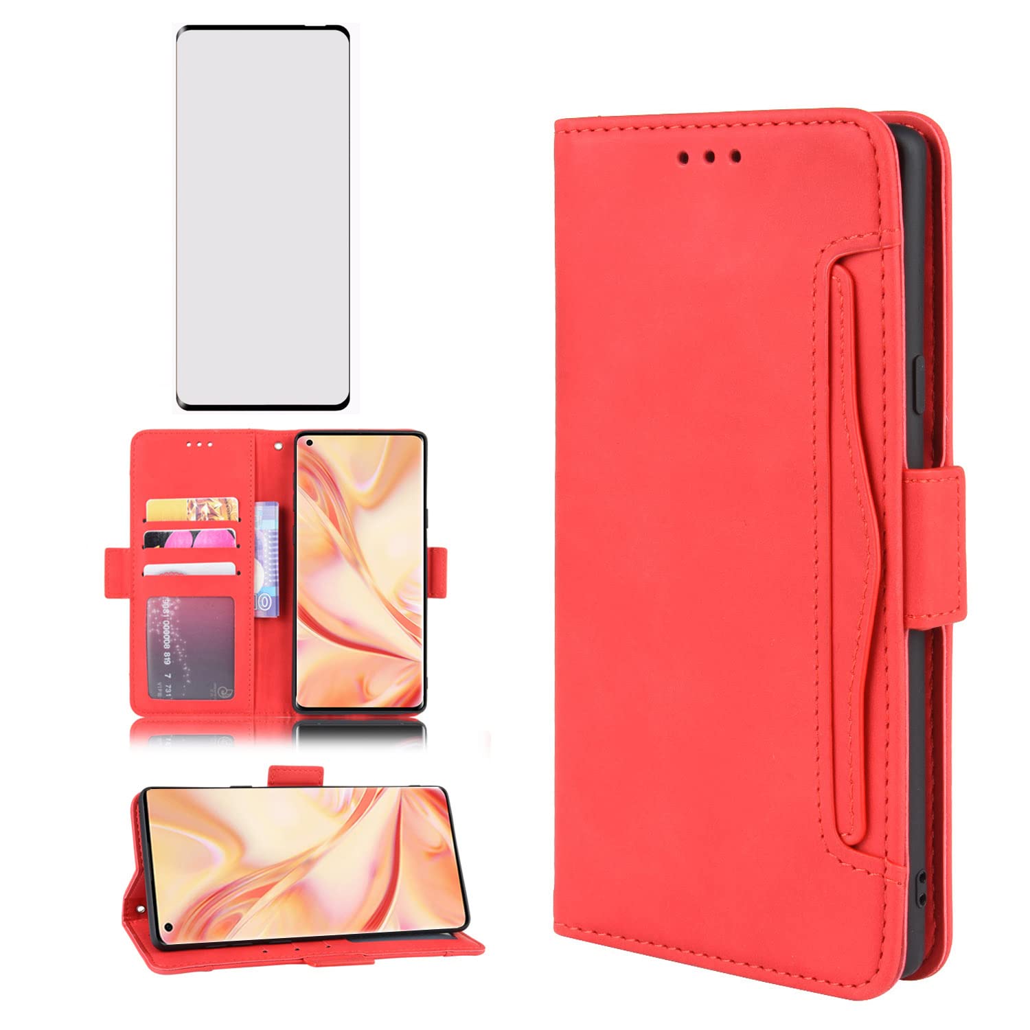 Asuwish Cover per OPPO Find X2 Pro con Pellicola Vetro Temperato Vetrino Portafoglio Libro Pelle Porta Carte Supporto Protettiva Protezione TPU Silicone X2Pro Custodia Case Maschio Ragazza Rosso