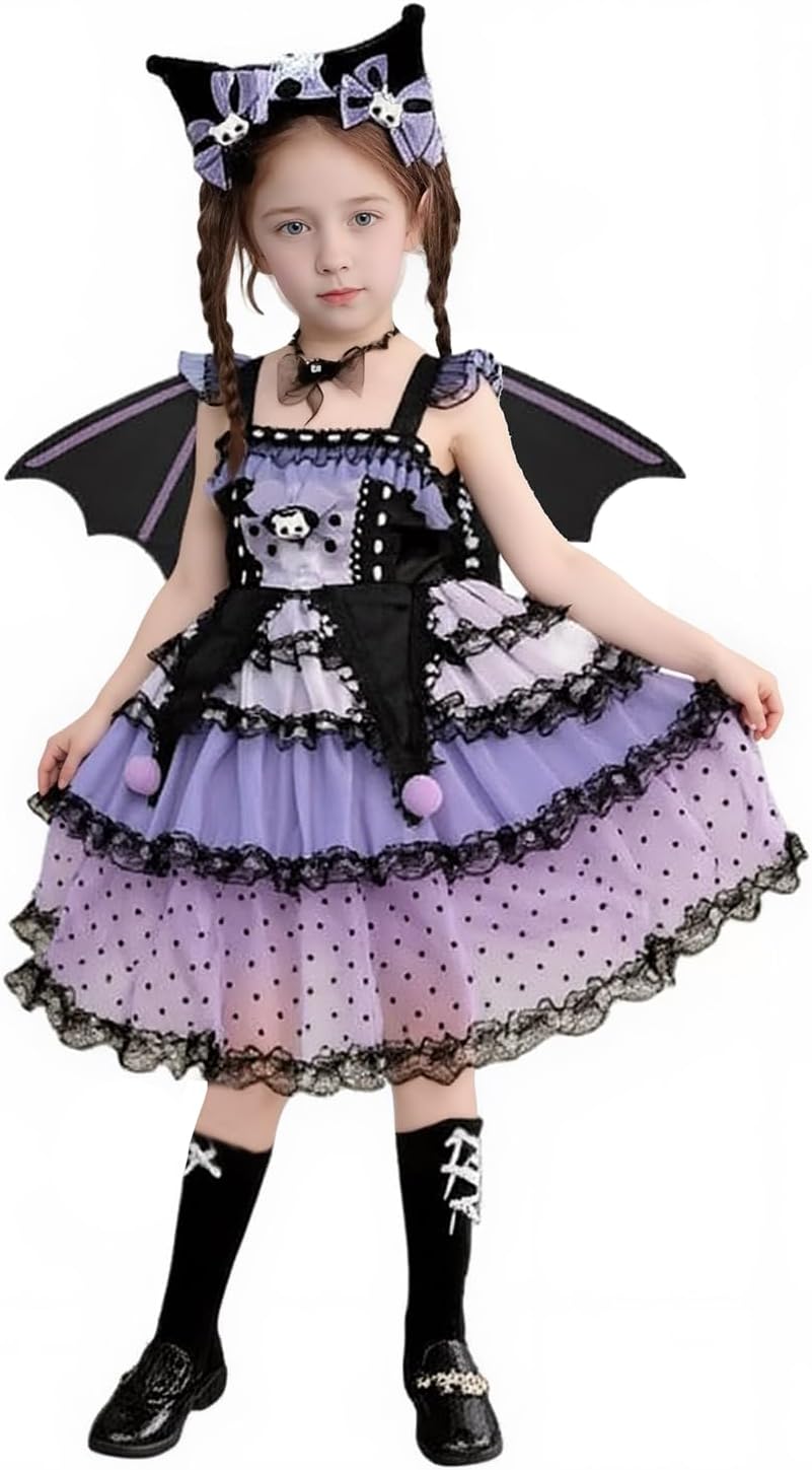 Girls Princess Gothic Lolita Dress Purple and Black Lace Skirt with Wings and Headband Halloween Outfit - Image 3