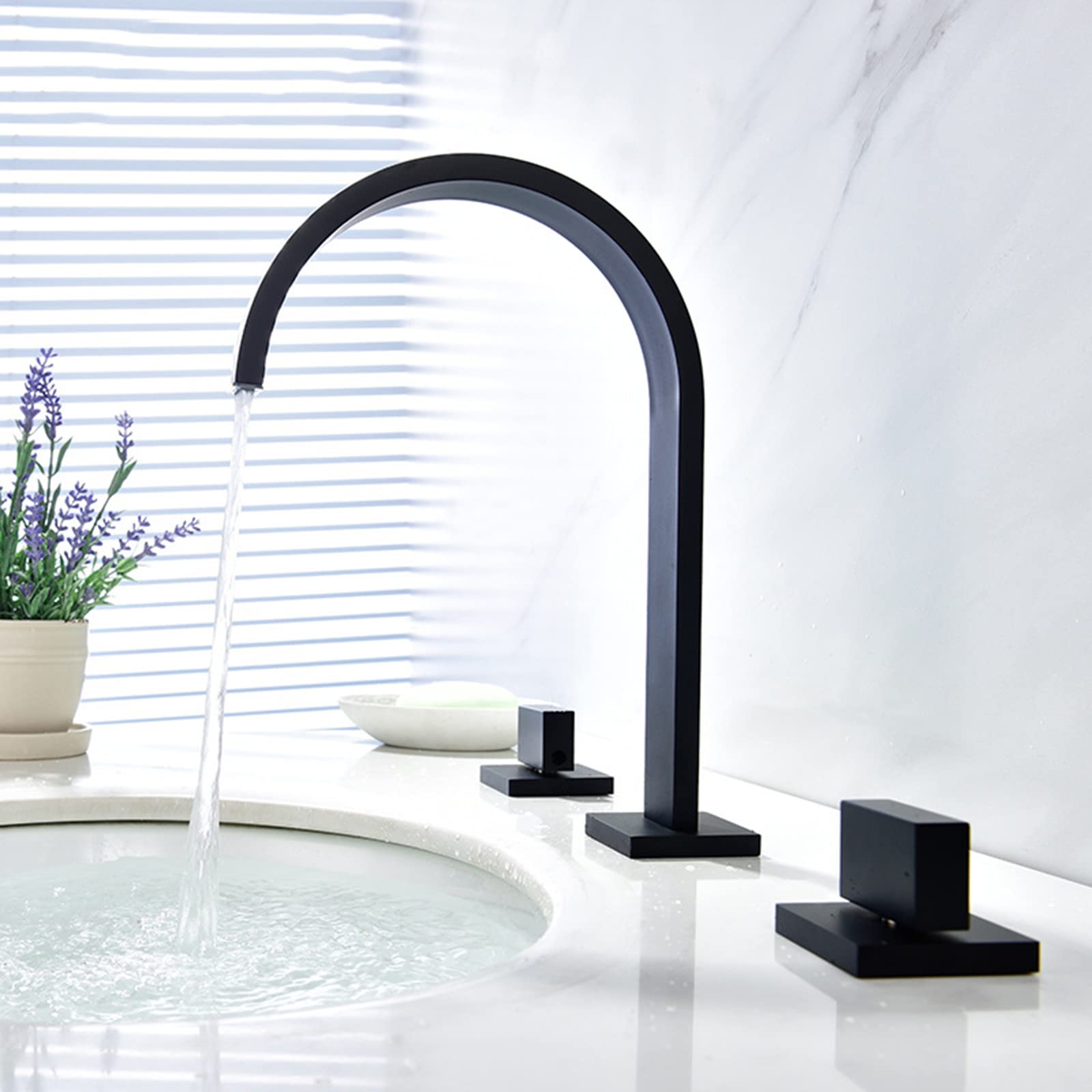 Grifo Baño Cascada Caño Plano Bimando Grifos para Lavabos de Baño Grifo Latón 3 Orificios,negro