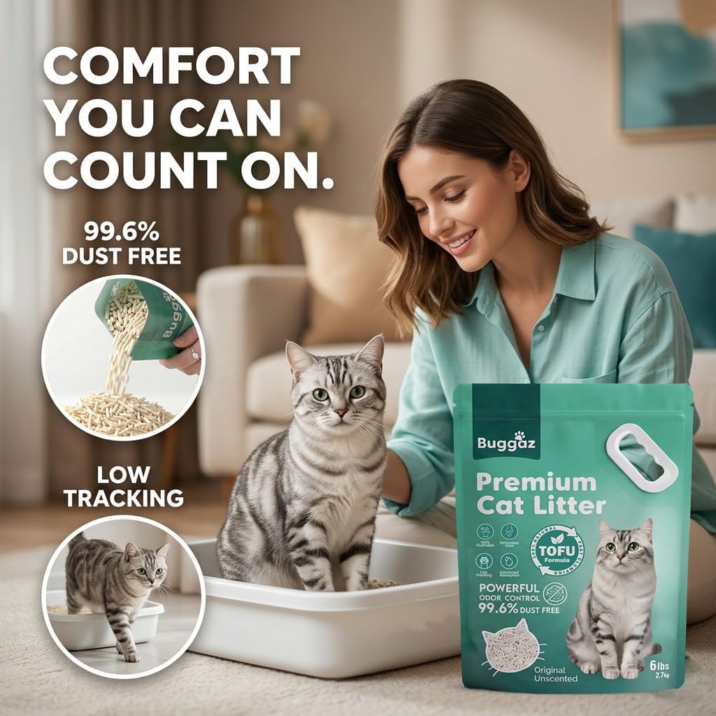 Premium Tofu Cat Litter-18lbs |Natural, Compostable, Flushable, Low Tracking, Unscented Fast Clumping & Ultra Absorbent | Dust-Free, Water-Soluble & Odor Control Litter 6lbs×3 Bags