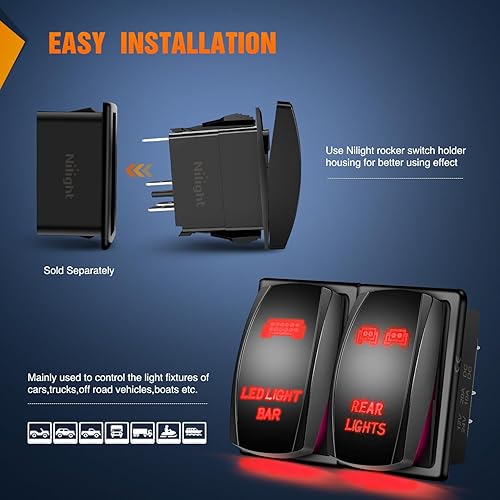 Miniatura 4 de Nilight Paquete de 2 luces traseras, interruptor basculante, barra de luz LED, interruptor basculante de 5 pines láser de encendido y apagado SPST