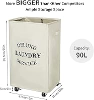 Vista 3 de WOWLIVE Cesta grande de lavandería con ruedas de 90 l plegable, cesta alta de lavandería con asa plegable, cesta rectangular para ropa sucia