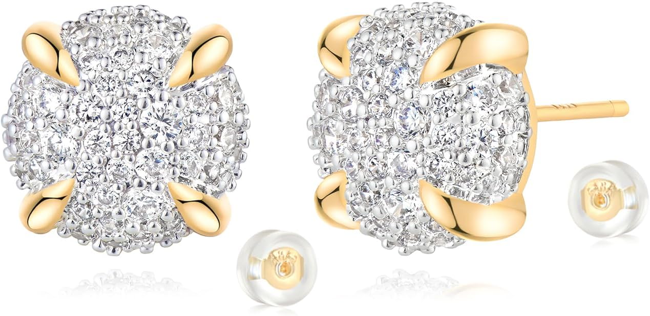 MYEARS Women Stud Earrings Gold Cluster Cubic Zirconia 14K Gold Plated Small Simple Hypoallergenic Everyday Jewelry