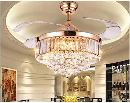 Miniatura 6 de LUOLAX Candelabro de techo de cristal moderno de 42 pulgadas y control remoto, 3 colores y 3 velocidades de cambio, lámpara LED retráctil para sala