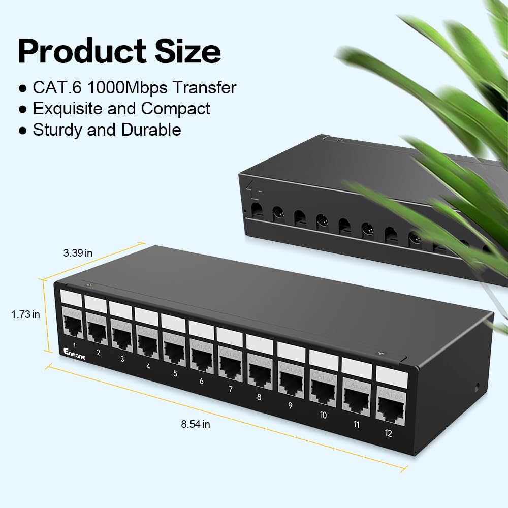 Panel de conexión de 12 puertos CAT6A Keystone Patch Panel de conexión blindado con gestión inteligente de cables para red doméstica/oficina (1U 12 puertos, CAT6A)