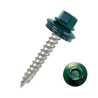 Metal Roofing Screws #10 Painted Hex Head Screw with EDPM Washer. Self Starting Metal to Wood Siding Screws. Free Magnetic Driver with Order! (1.5 Inch, Evergreen, 250)