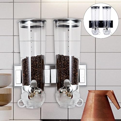 Miniatura 2 de DOONARCES Dispensador de cereales doble de montaje en pared de 3 litros, dispensadores de alimentos de doble control, recipiente de almacenamiento
