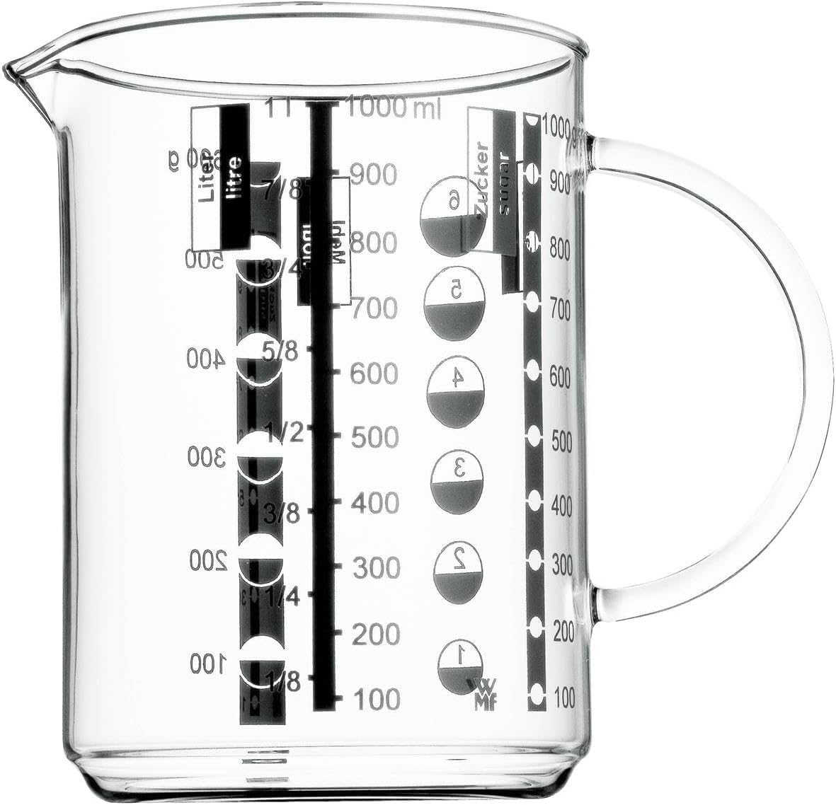 WMF Profi Plus Küchenhelfer Set 7-teilig, Ständer mit 6 Helfern, Schöpflöffel, Schaumlöffel, Wokwender & Gourmet Glas Messbecher 1l, hitzebeständiges Glas, Skalierung für Liter, Milliliter